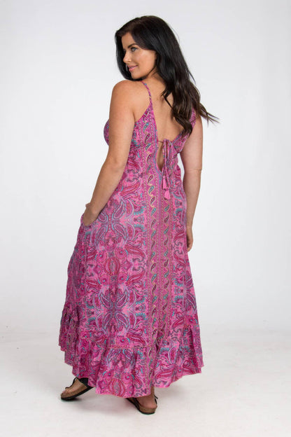 LONG STRAPPY SILK DRESS WITH POCKETS: Pink / One Size