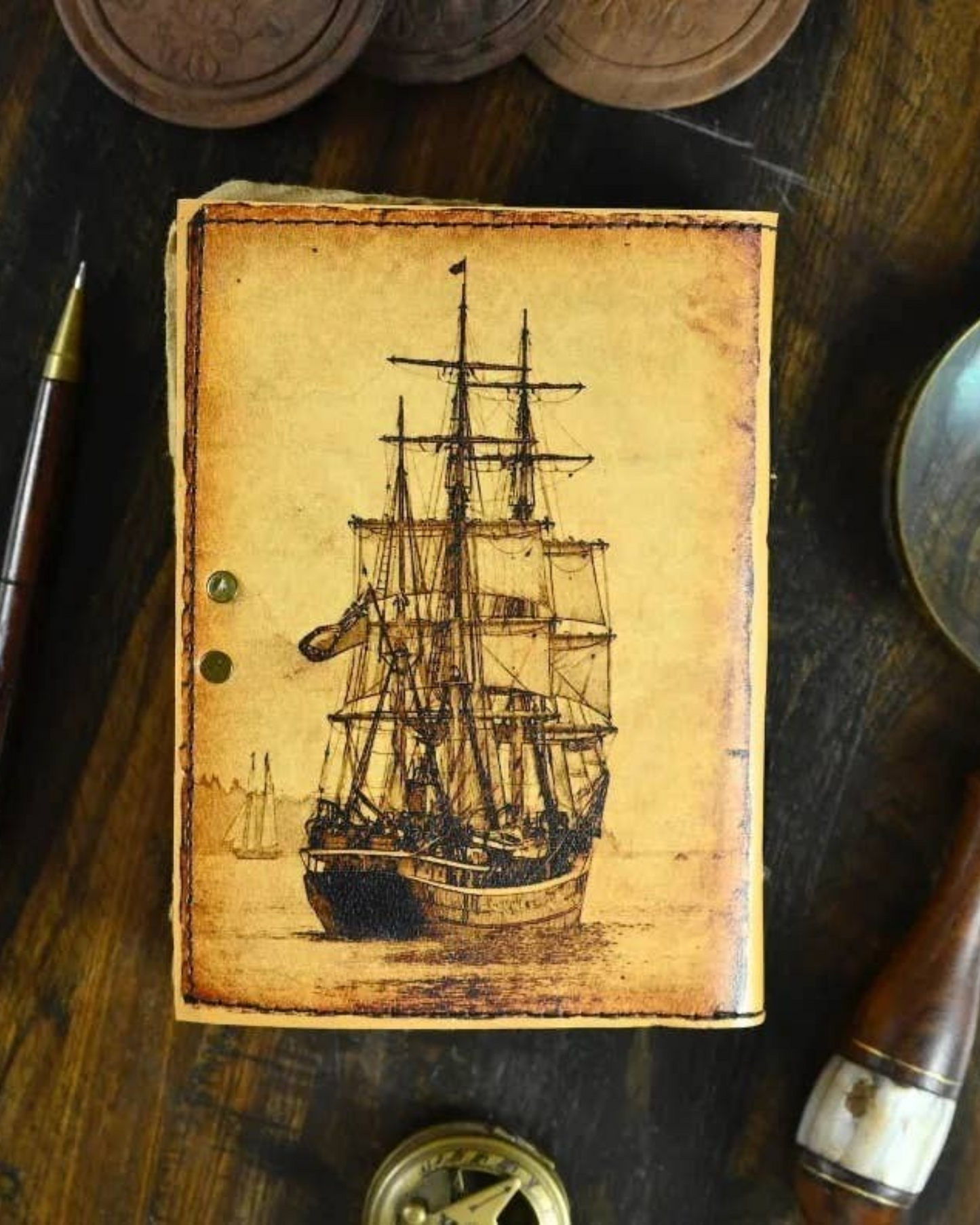 Grimoire Vintage Sailing Ship Boat Leather Journal Handmade