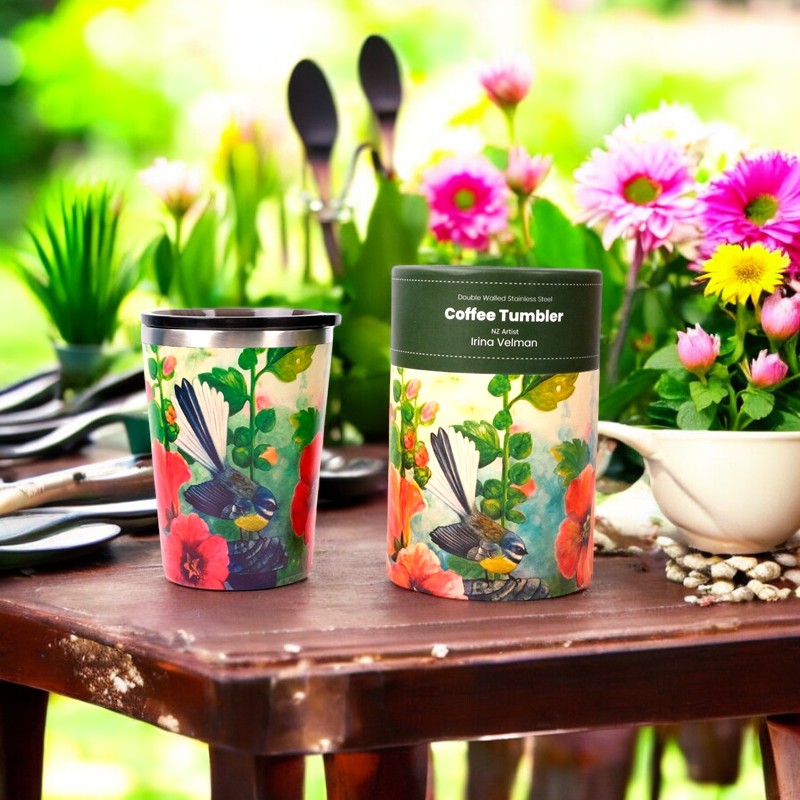 NZ Double Walled S/S Tumbler - Fantail & Hollyhocks