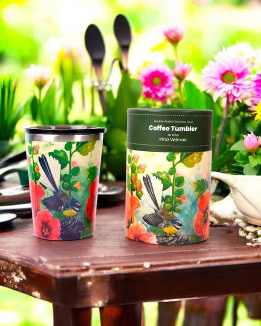 NZ Double Walled S/S Tumbler - Fantail & Hollyhocks
