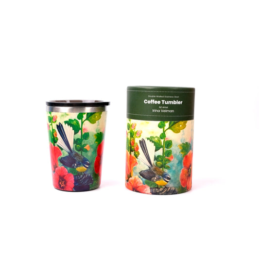 NZ Double Walled S/S Tumbler - Fantail & Hollyhocks