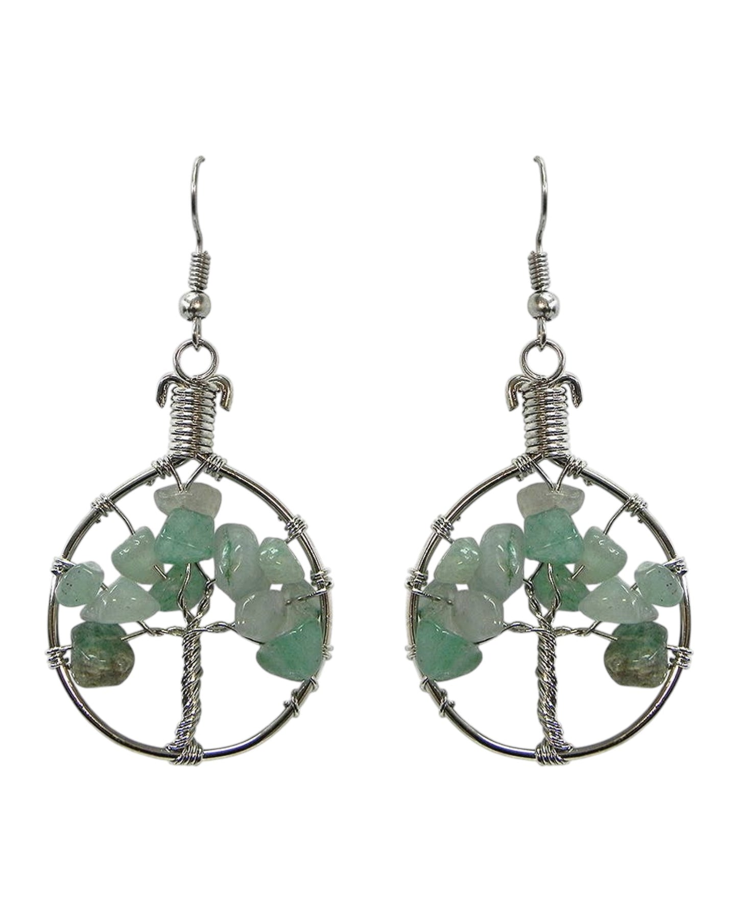 Round Chip Stone Tree of Life Wire Wrapped Dangle Earrings