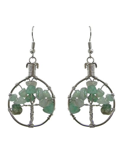 Round Chip Stone Tree of Life Wire Wrapped Dangle Earrings