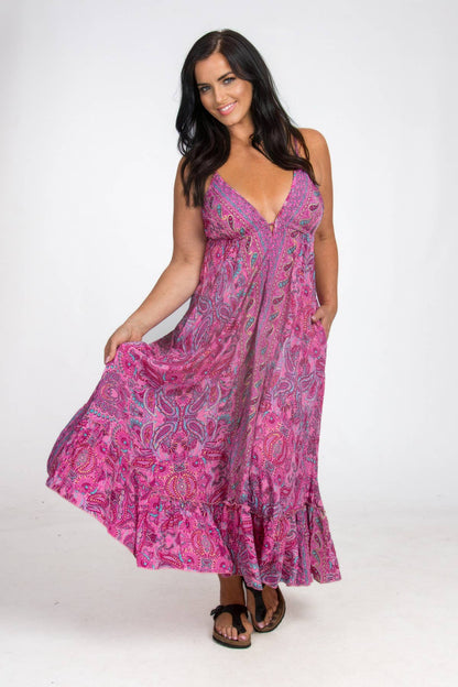 LONG STRAPPY SILK DRESS WITH POCKETS: Pink / One Size