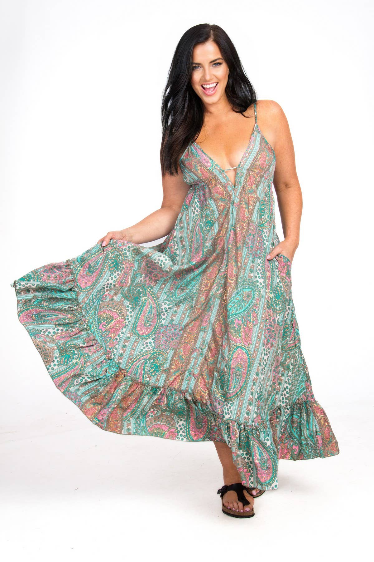 LONG STRAPPY SILK DRESS WITH FRILL: Green / One Size