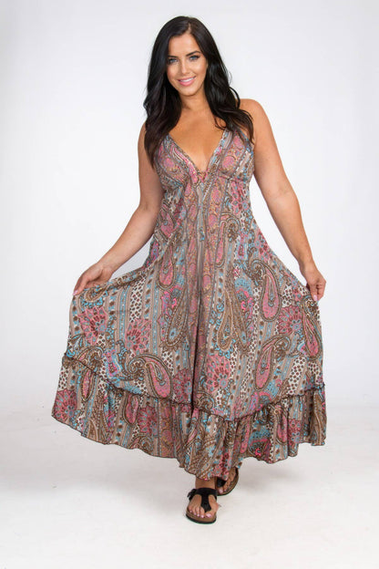 LONG STRAPPY SILK DRESS WITH POCKETS: Chocolate / One Size