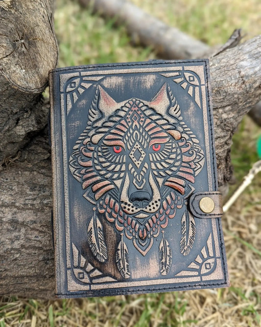 Wolf Embossed Leather Journal diary with 200 Handmade pages