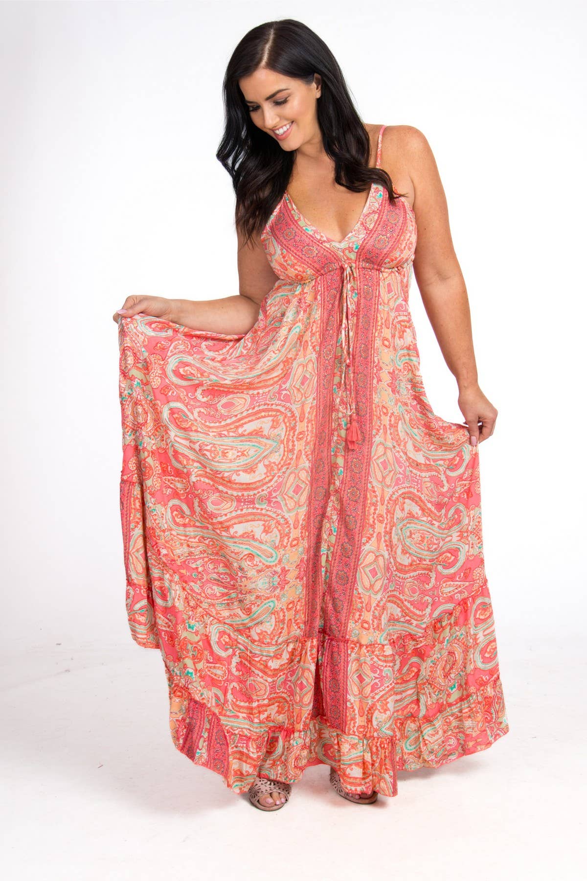 LONG STRAPPY SILK DRESS WITH FRILL: Orange / One Size