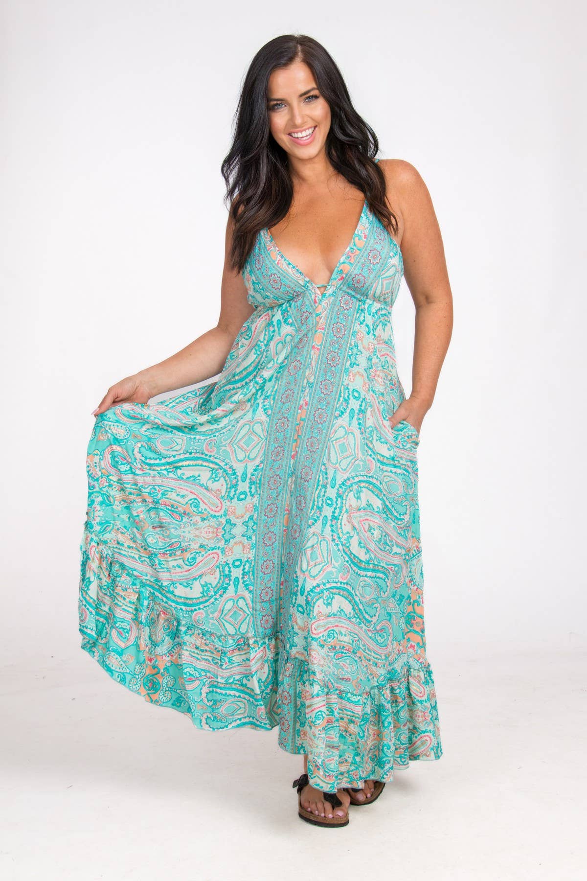 LONG STRAPPY SILK DRESS WITH POCKETS: Mint / One Size