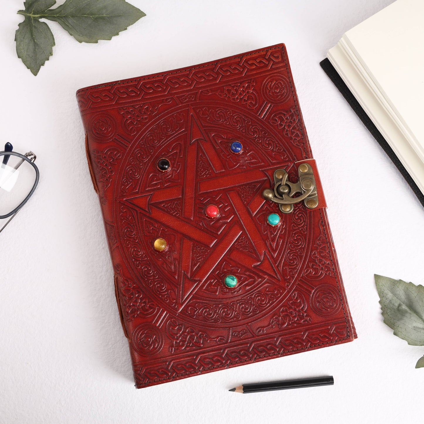 Leather Journal with 6 Precious Pentagram Stone Gift Journal