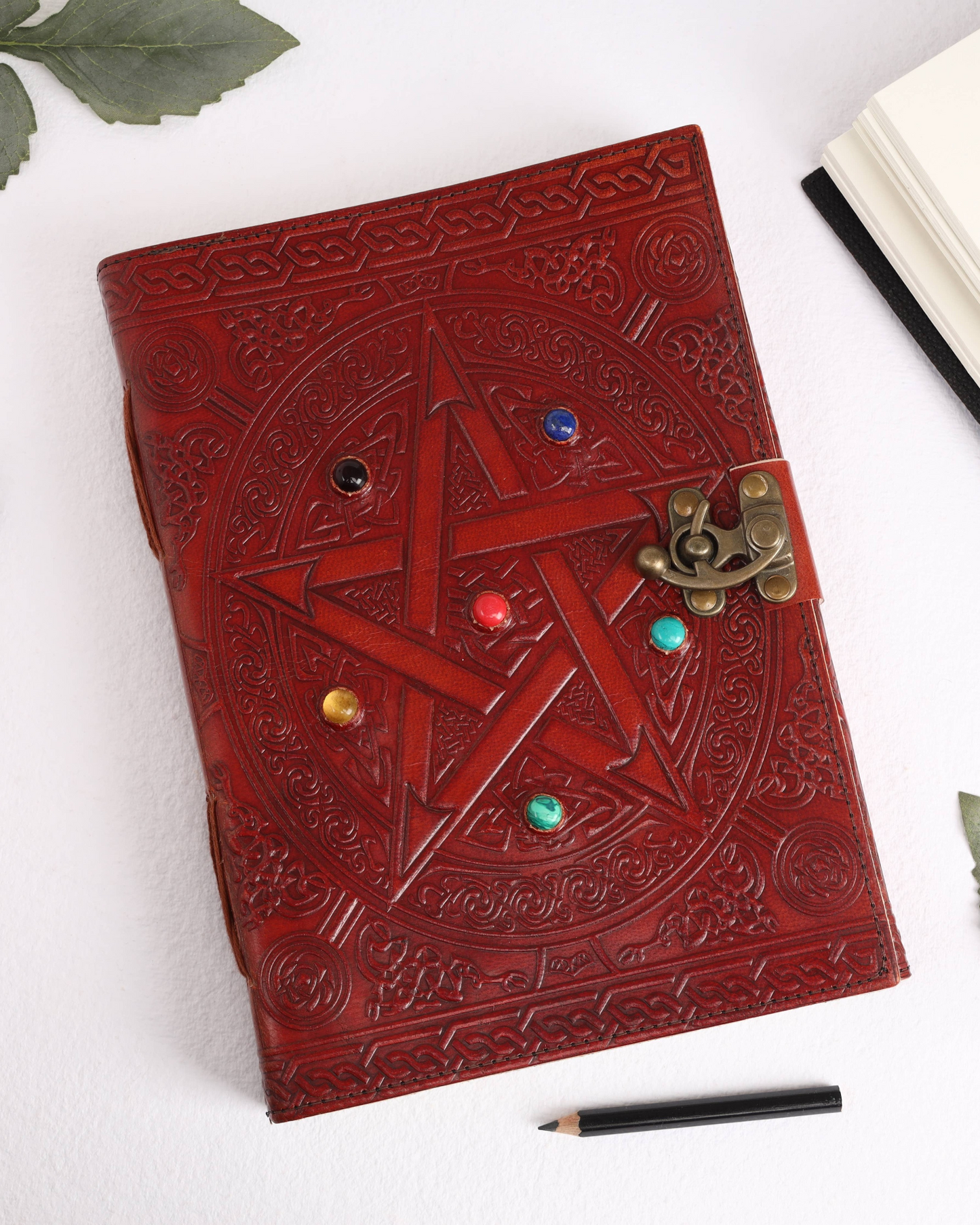 Leather Journal with 6 Precious Pentagram Stone Gift Journal