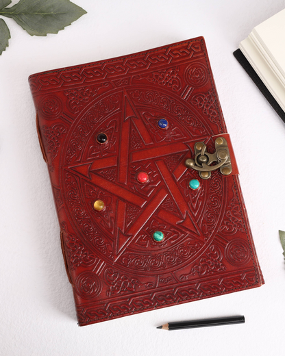 Leather Journal with 6 Precious Pentagram Stone Gift Journal