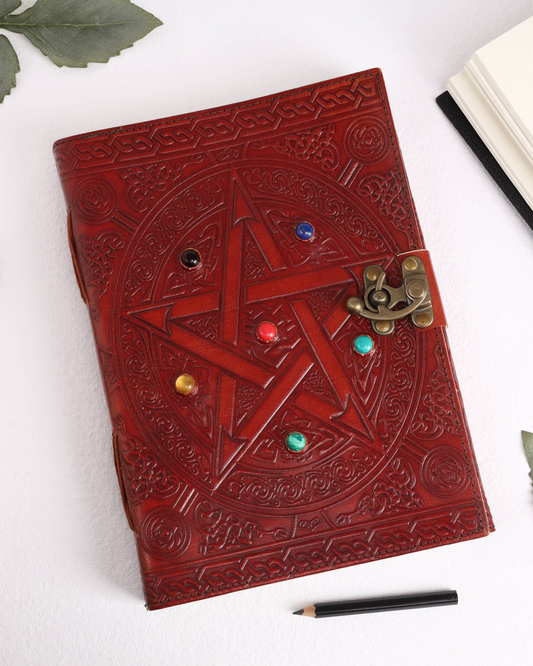 Leather Journal with 6 Precious Pentagram Stone Gift Journal