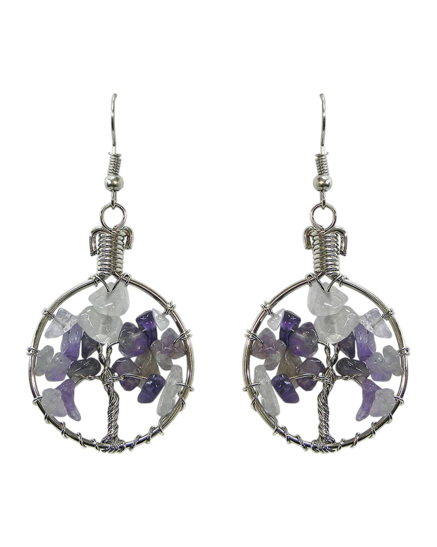 Round Chip Stone Tree of Life Wire Wrapped Dangle Earrings