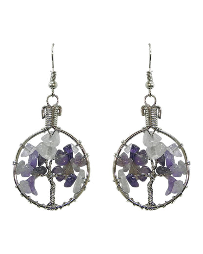 Round Chip Stone Tree of Life Wire Wrapped Dangle Earrings