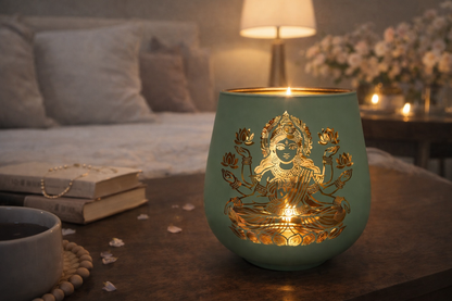 Decorative teal candle holder with gold design on a table in a cozy room.
