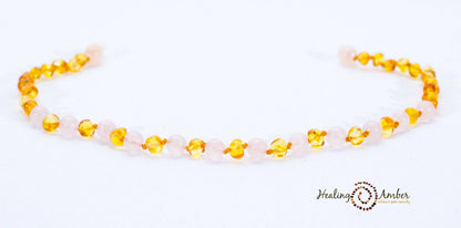 Gold Amber & Rose Quartz-11 inch  Amber Necklace