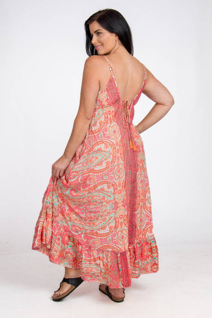 LONG STRAPPY SILK DRESS WITH POCKETS: Orange / One Size