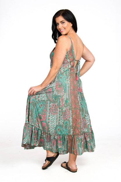 LONG STRAPPY SILK DRESS WITH POCKETS: Green / One Size