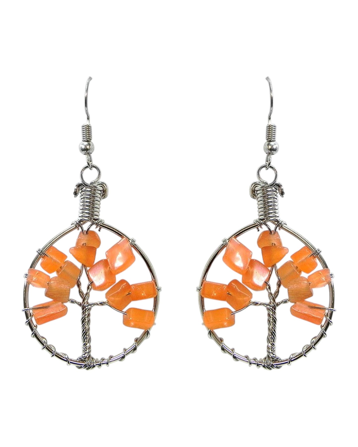 Round Chip Stone Tree of Life Wire Wrapped Dangle Earrings
