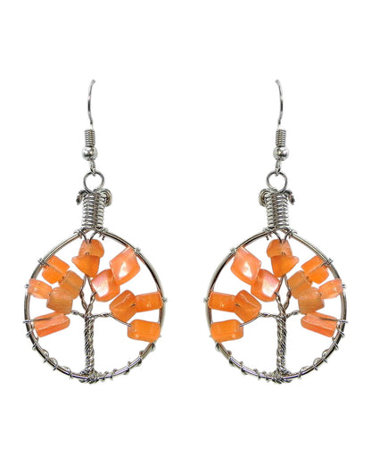 Round Chip Stone Tree of Life Wire Wrapped Dangle Earrings