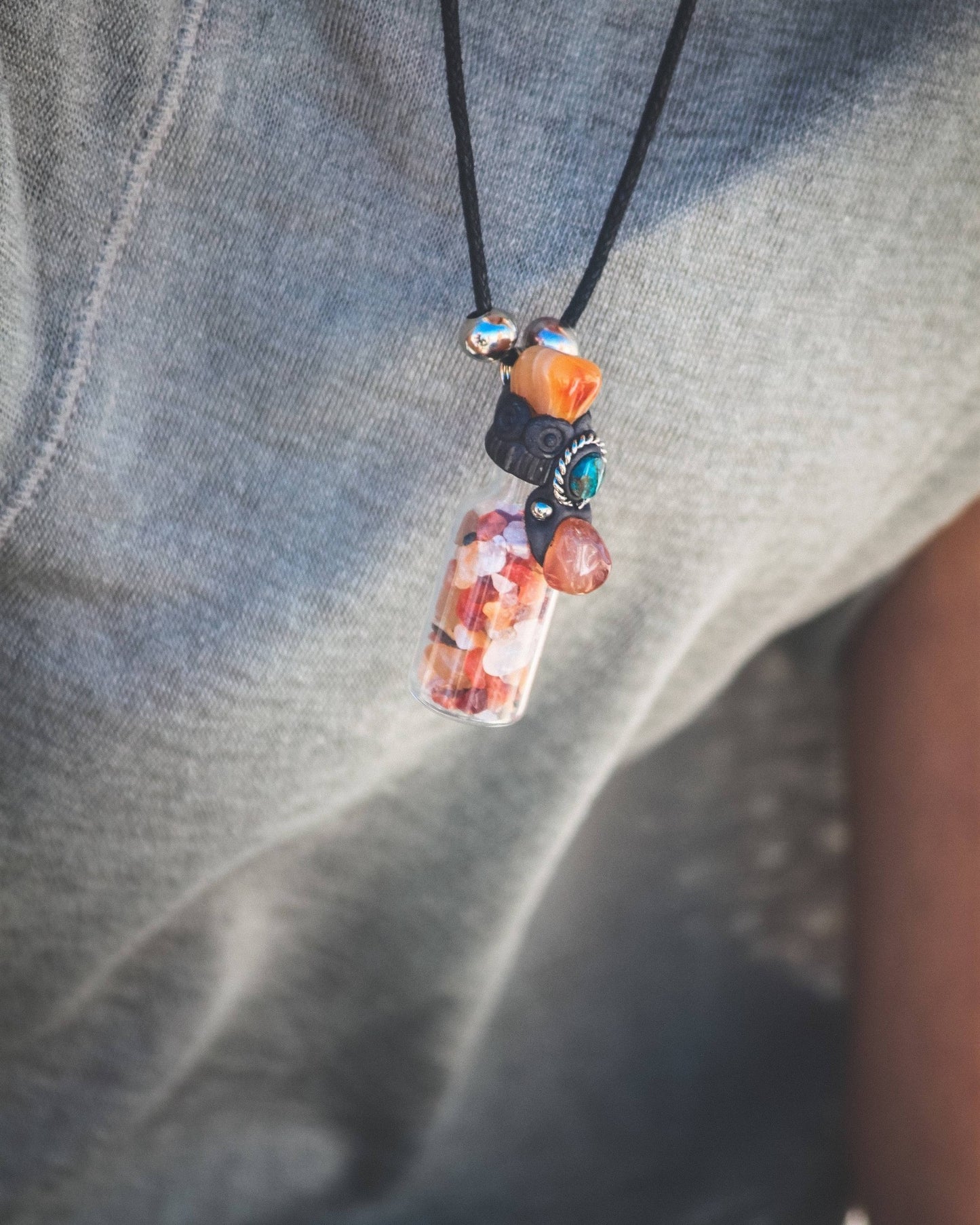 Tumbled Chip Stone Glass Bottle Pendant Adjustable Necklace