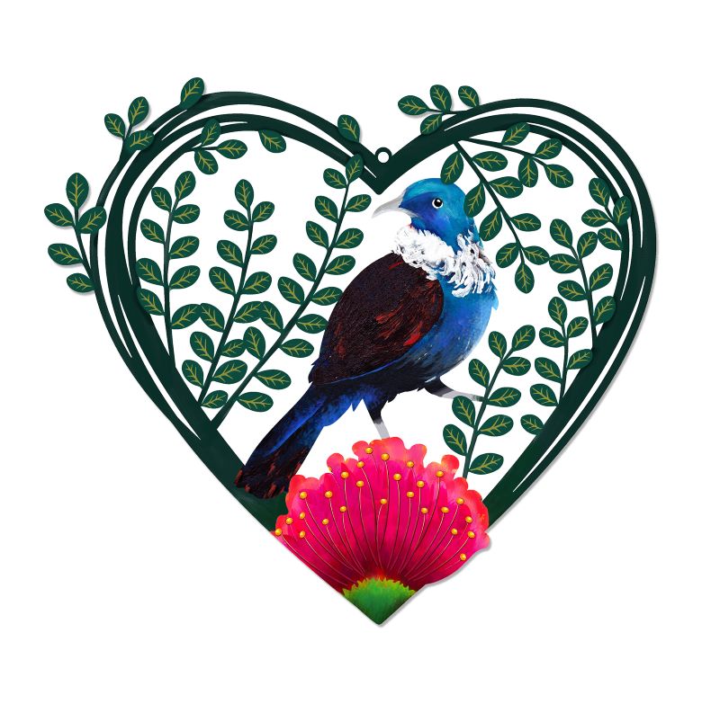 40cm NZ Native Wall Art Tui  Metal Colour Heart Fantail