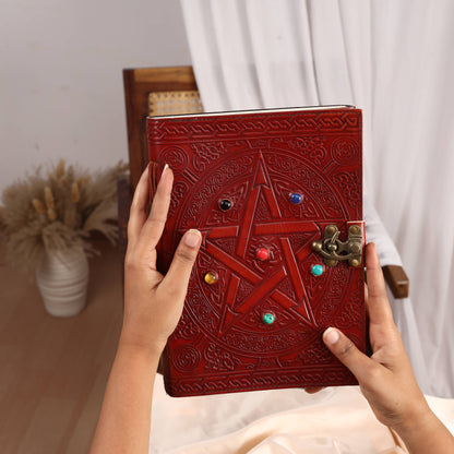 Leather Journal with 6 Precious Pentagram Stone Gift Journal
