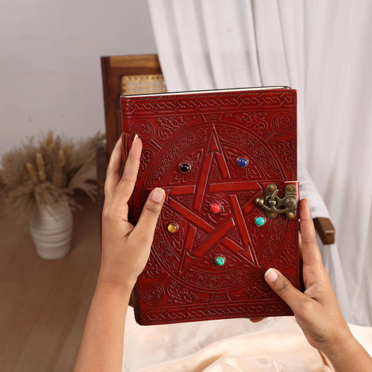 Leather Journal with 6 Precious Pentagram Stone Gift Journal