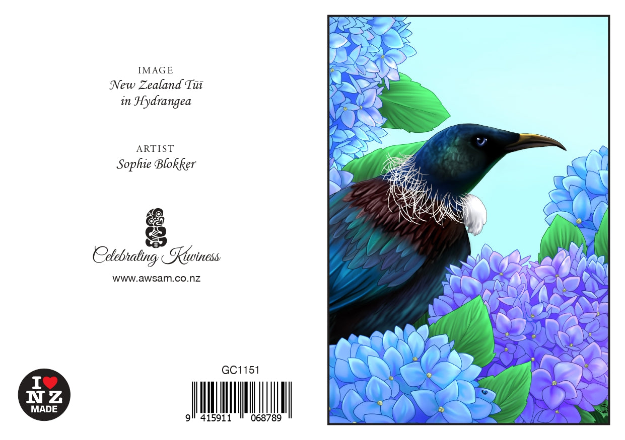 Peeping Tui in Hydrangea - Greeting Card