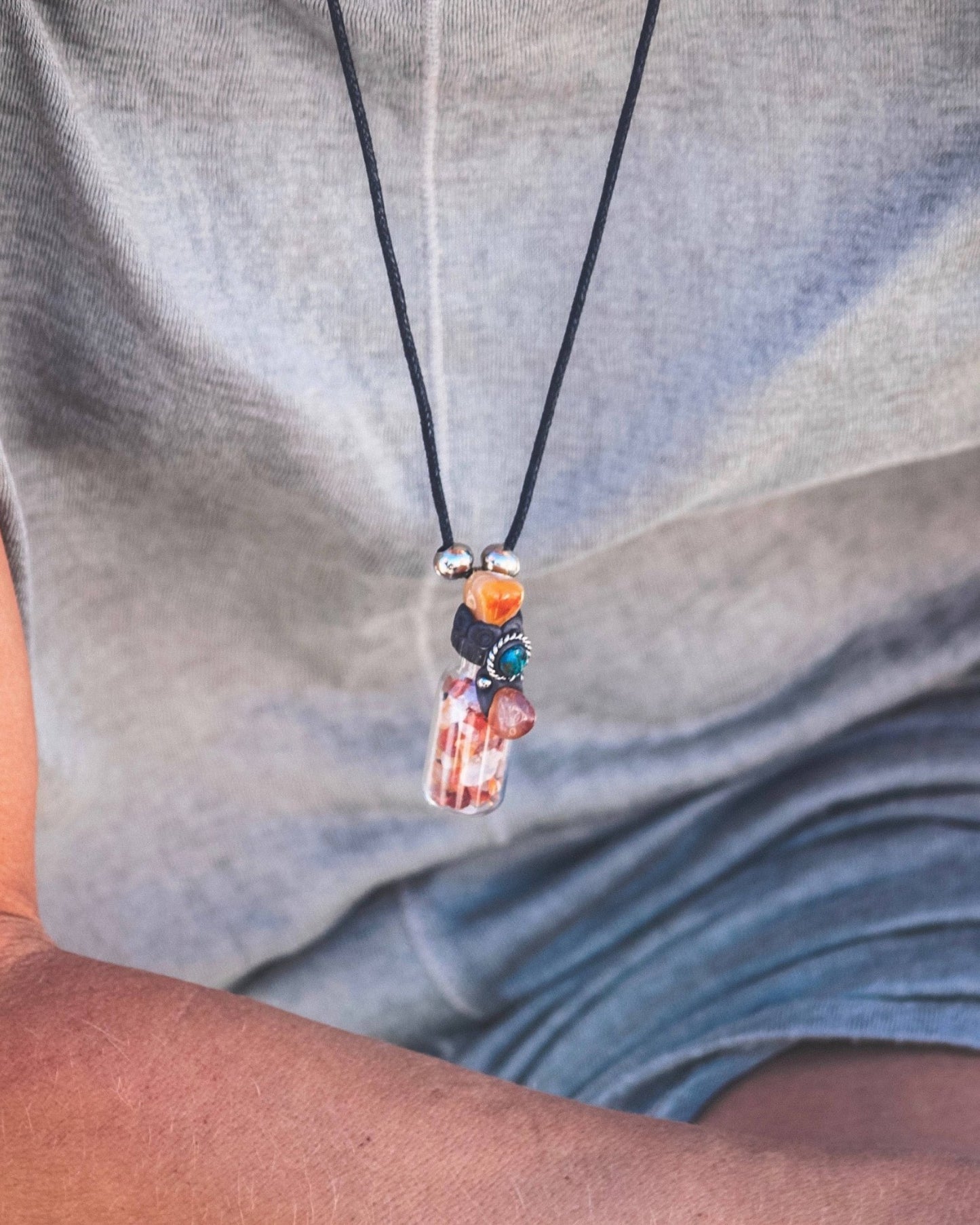 Tumbled Chip Stone Glass Bottle Pendant Adjustable Necklace