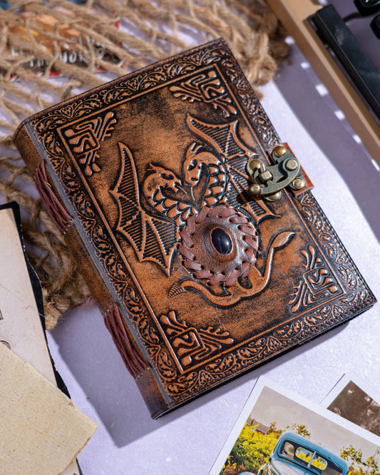 Leather Notebook with Stone Dragon Embossed Travel Journal 
