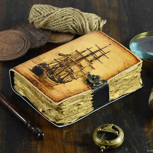 Grimoire Vintage Sailing Ship Boat Leather Journal Handmade