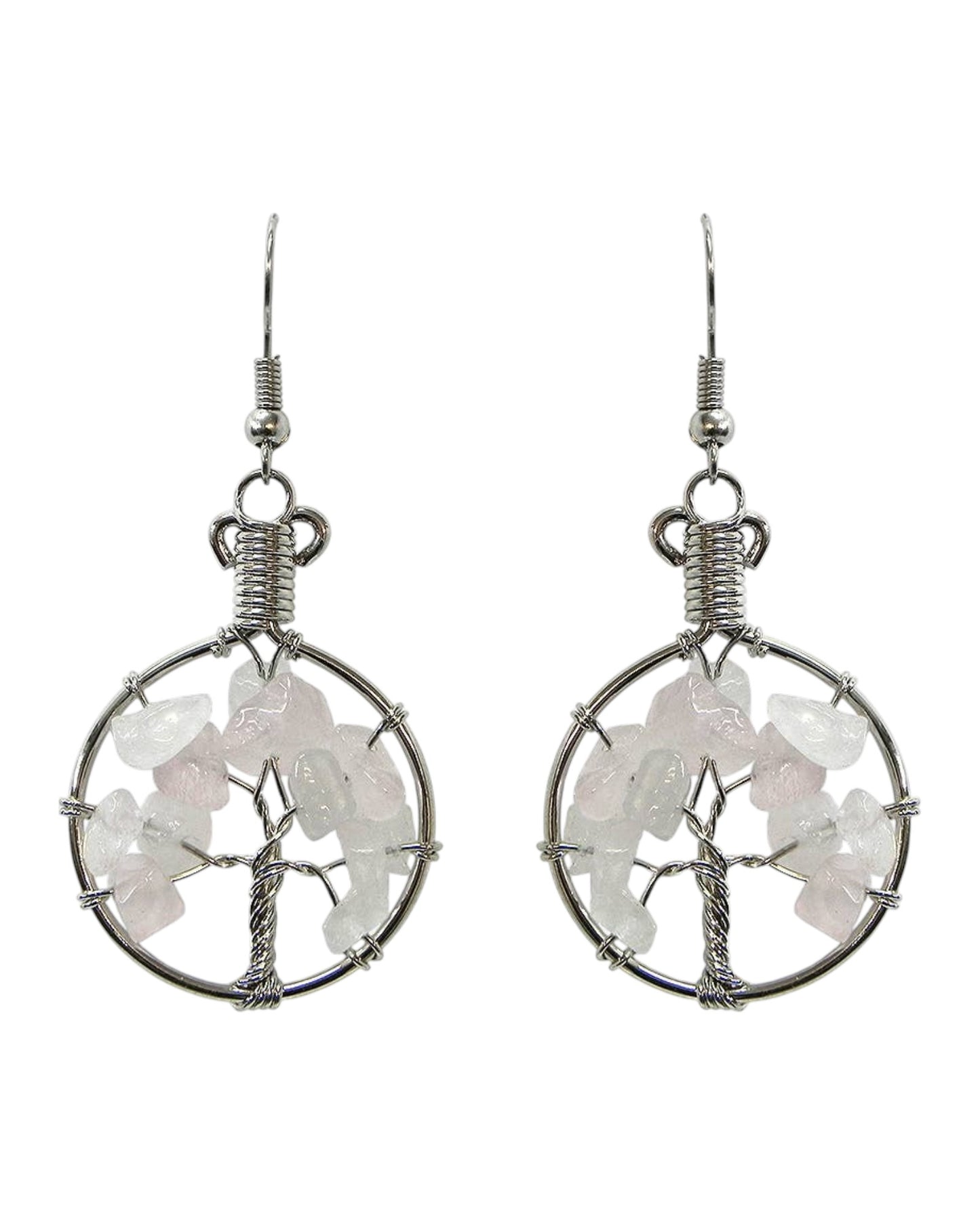 Round Chip Stone Tree of Life Wire Wrapped Dangle Earrings