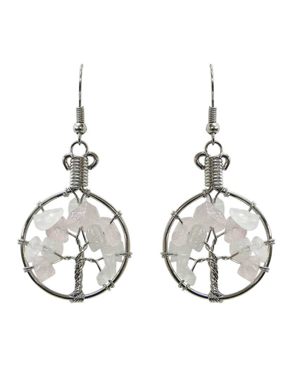 Round Chip Stone Tree of Life Wire Wrapped Dangle Earrings