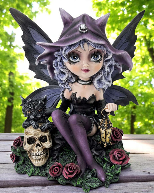 Goth Fairy Holding Lantern with Black Cat, Skulls & Roses