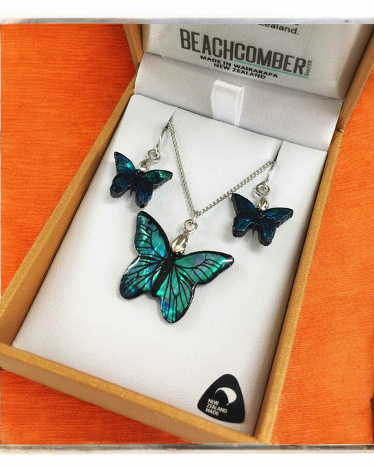 Paua Butterfly Pendant & Earrings