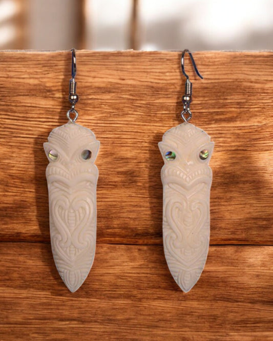 Tiki Taiaha Earrings - Bone