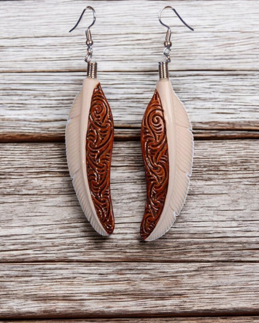 Bone Feather Earrings Brown