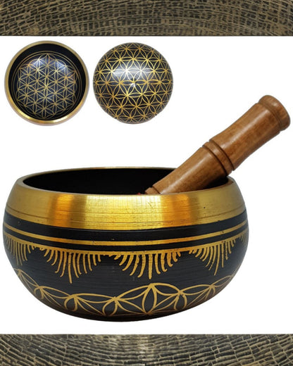 Flower of Life Black Brass Singing Bowl 15cm