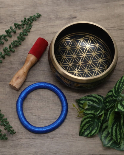 Flower of Life Black Brass Singing Bowl 15cm
