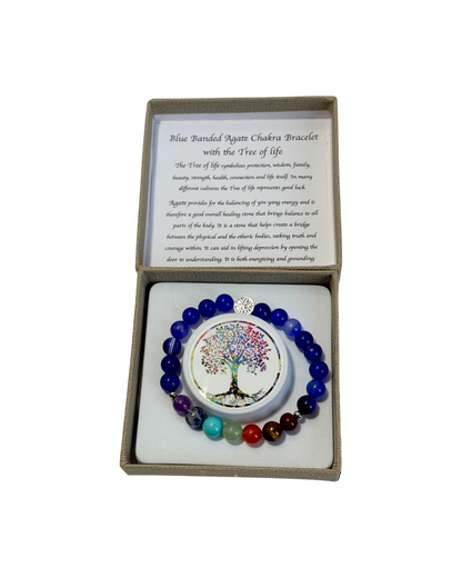 Chakra Bracelet Blue Banded Agate & Tree of Life Bead