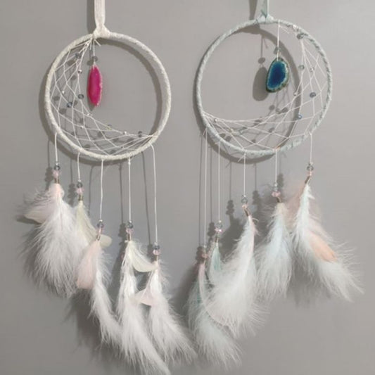White Sickle Moon Dreamcatcher with Agate charm