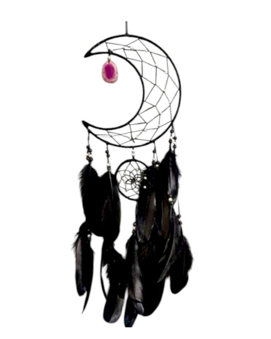 Black Cresant Moon double Dreamcatcher with Agate charm
