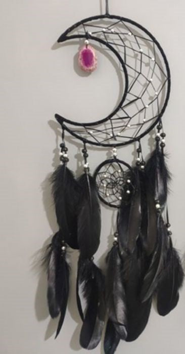 Black Cresant Moon double Dreamcatcher with Agate charm