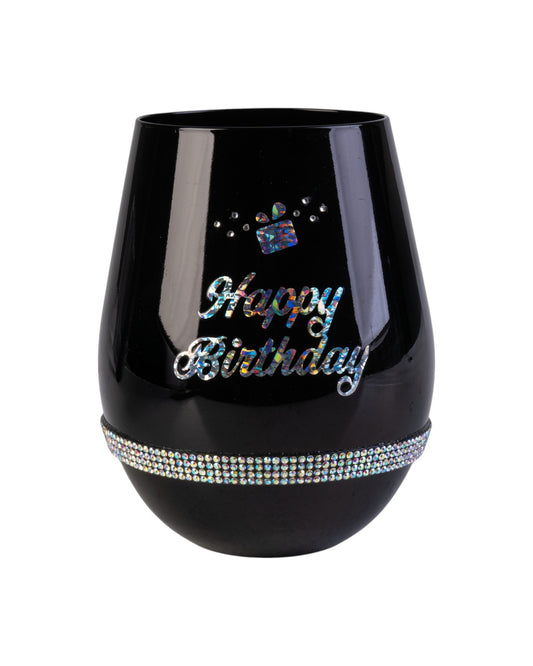 Happy Birthday Black Luxe Stemless Wine Glass