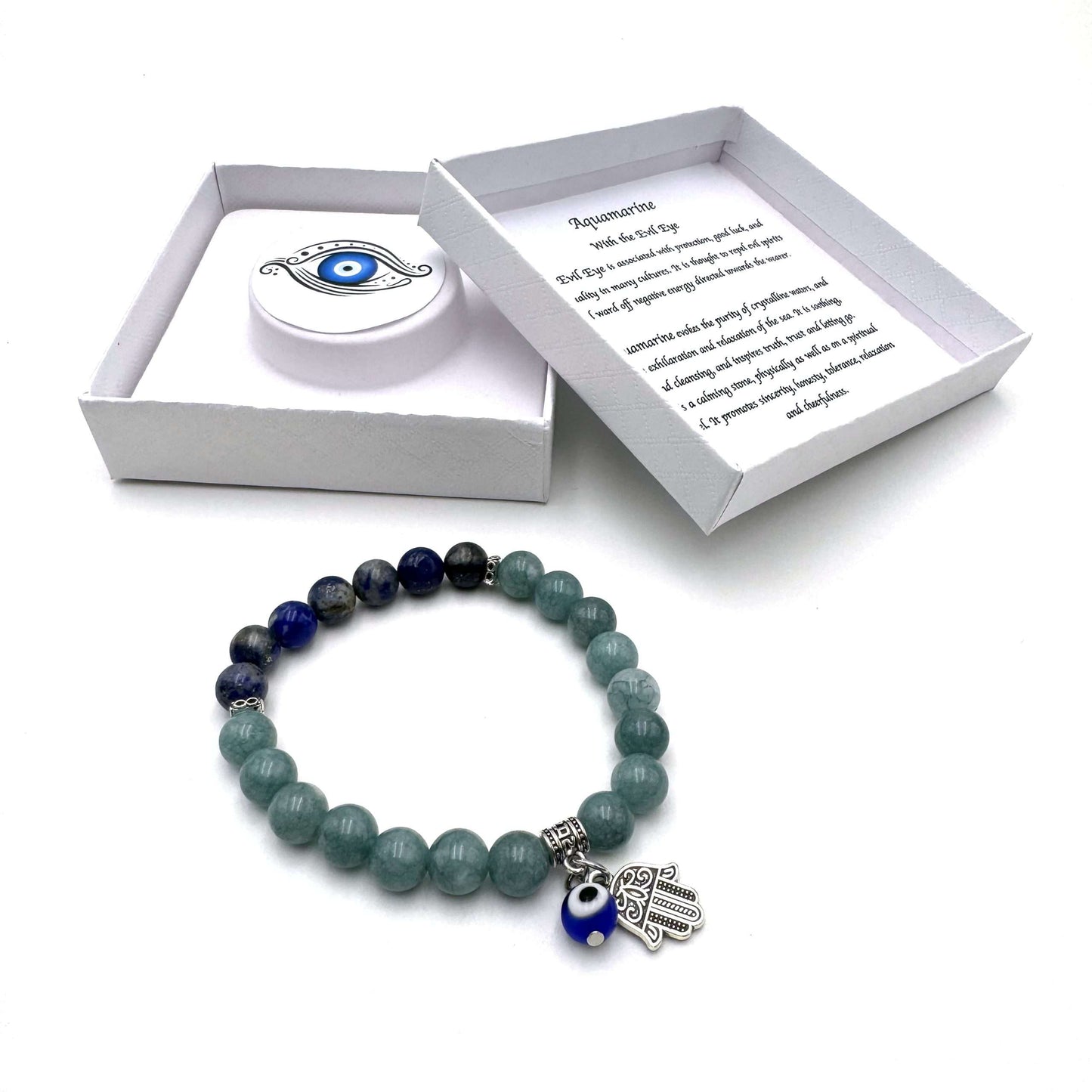 Hamsa Evil Eye Charm Bracelet- Aquamarine