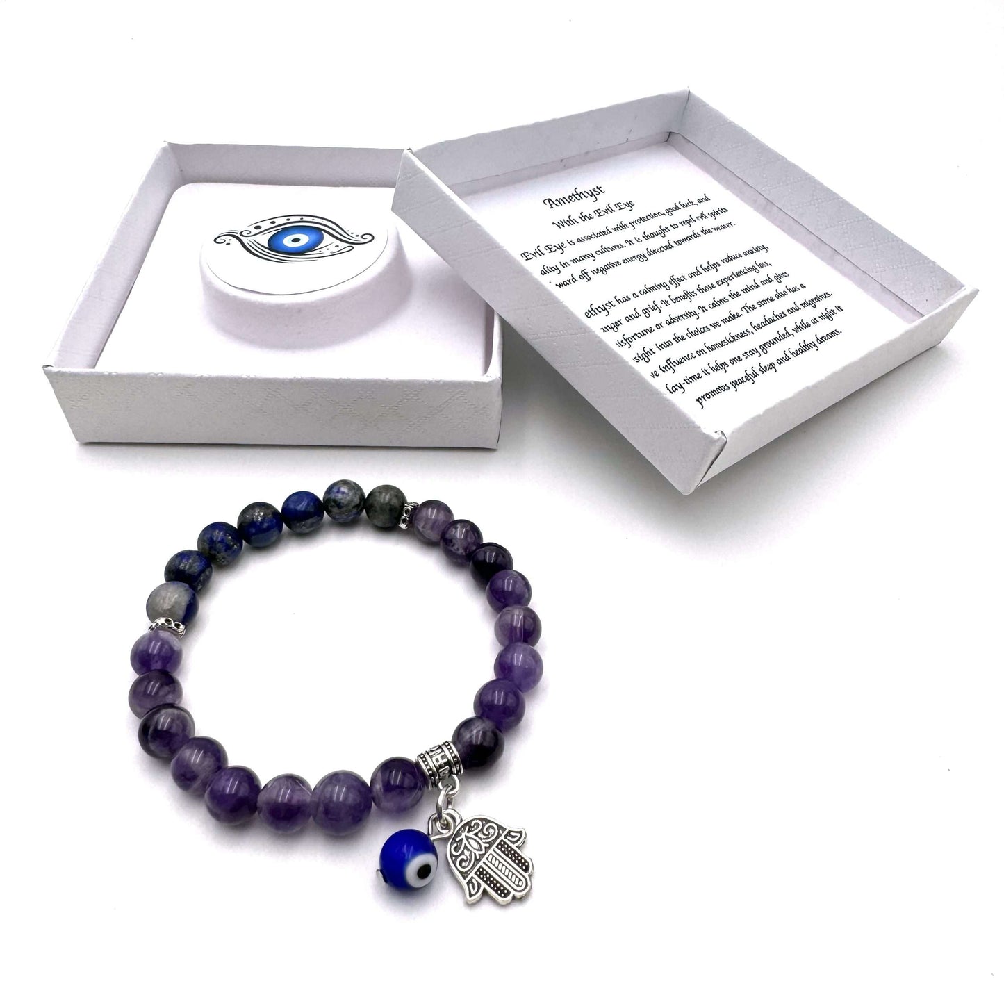 Hamsa Evil Eye Charm Bracelet- Amethyst