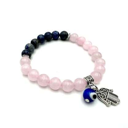 Hamsa Evil Eye Charm Bracelet- Rose Quartz