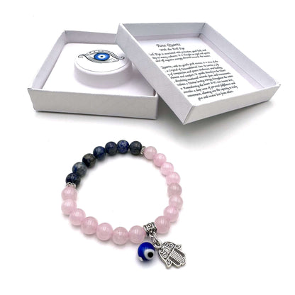 Hamsa Evil Eye Charm Bracelet- Rose Quartz